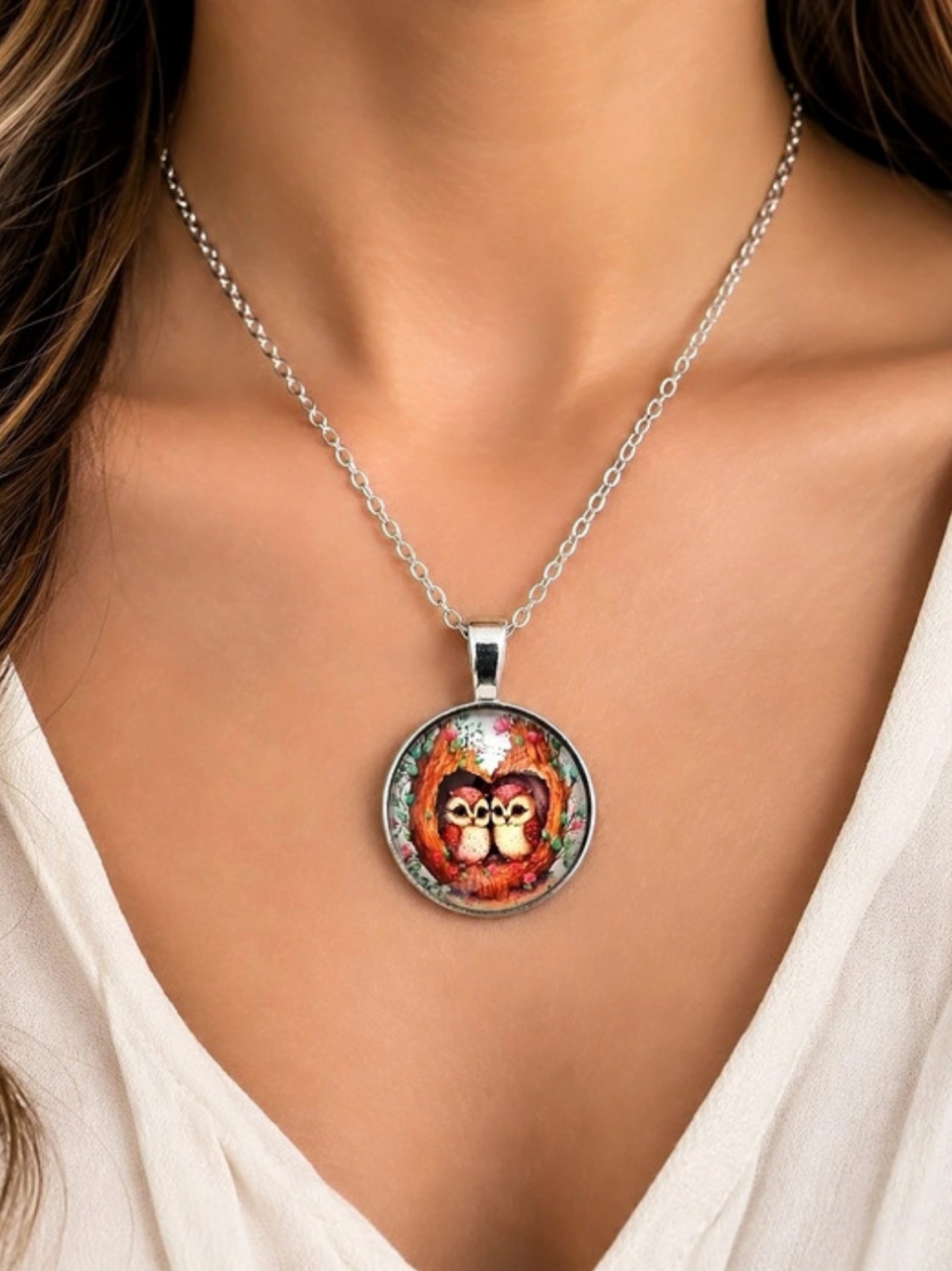 Owl Pendant Necklace in Silver & Multicolor New